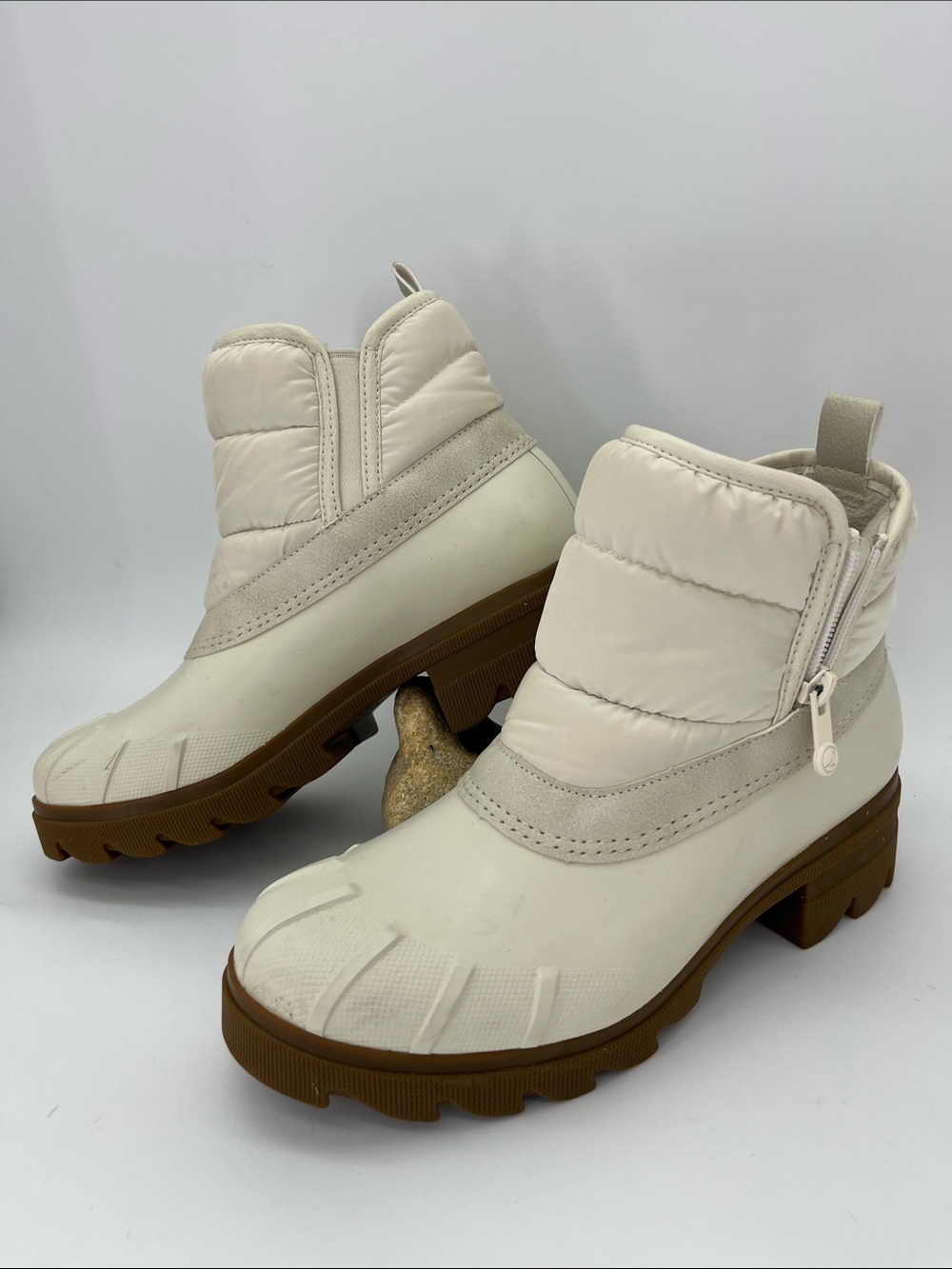 Sperry Cream and Brown Quilted Rain Ankle Boots